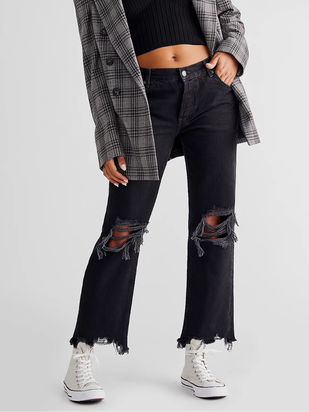 Free People We The Free Maggie Straight Leg Jeans 25 Black Distressed
